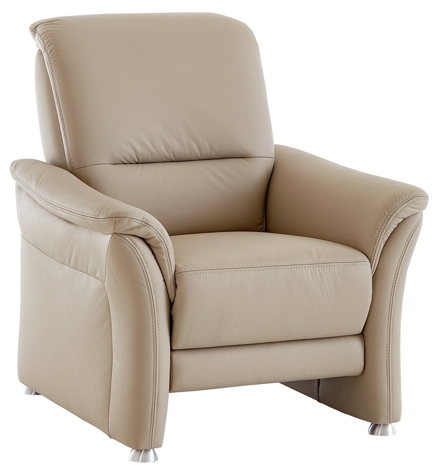 Beige leren fauteuil met moderne metalen poten, vooraanzicht