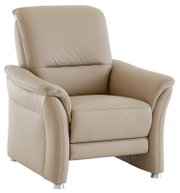 Beige leren fauteuil met moderne metalen poten, vooraanzicht