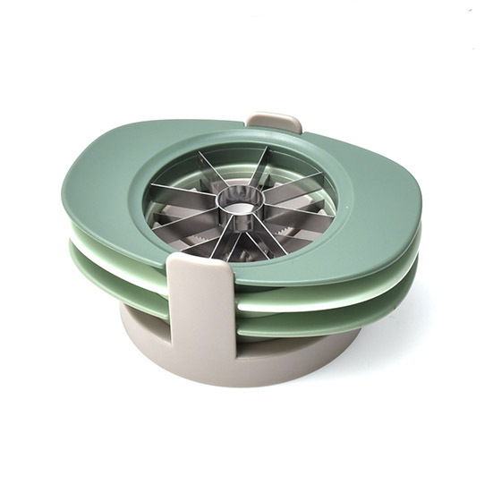 Apfelteiler aus Kunststoff und Metall, seitliche Perspektive