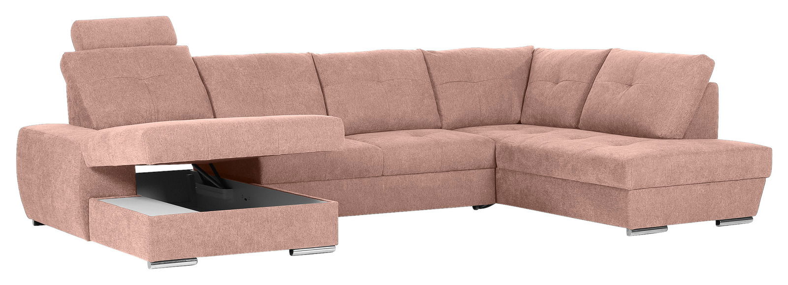 Beige Ecksofa mit Ottomane links, Stauraum unter der Sitzfläche, Perspektive von vorne links