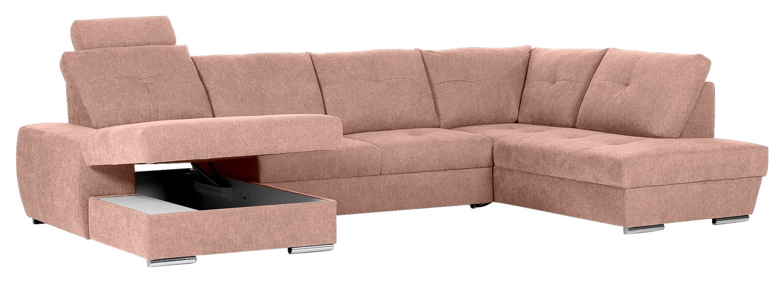 Beige Ecksofa mit Ottomane links, Stauraum unter der Sitzfläche, Perspektive von vorne links