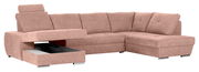 Beige Ecksofa mit Ottomane links, Stauraum unter der Sitzfläche, Perspektive von vorne links