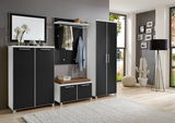 Modernes Garderoben-Set in Schwarz und Weiß, bestehend aus Schrank, Spiegel, Sitzbank und Hakenleiste, seitliche Perspektive.