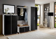 Modernes Garderoben-Set in Schwarz und Weiß, bestehend aus Schrank, Spiegel, Sitzbank und Hakenleiste, seitliche Perspektive.