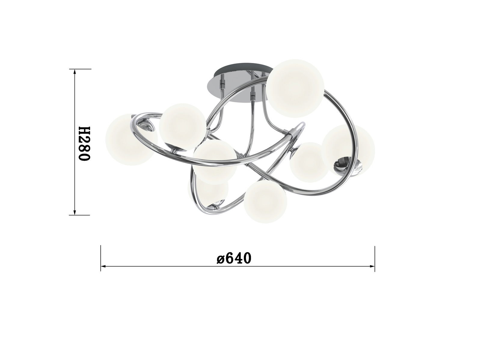 Moderne Deckenleuchte Nancy mit geschwungenem Chromdesign und kugelförmigen Lampenschirmen, seitliche Perspektive