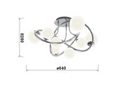 Moderne Deckenleuchte Nancy mit geschwungenem Chromdesign und kugelförmigen Lampenschirmen, seitliche Perspektive