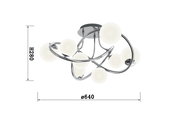 Moderne Deckenleuchte Nancy mit geschwungenem Chromdesign und kugelförmigen Lampenschirmen, seitliche Perspektive