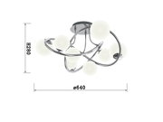 Moderne Deckenleuchte Nancy mit geschwungenem Chromdesign und kugelförmigen Lampenschirmen, seitliche Perspektive