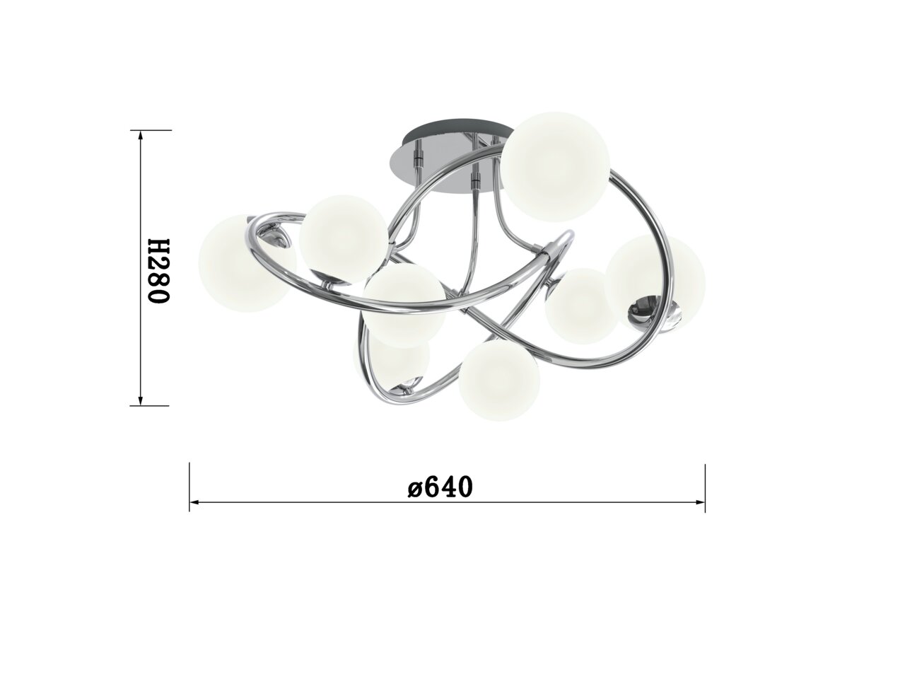 Moderne Deckenleuchte Nancy mit geschwungenem Chromdesign und kugelförmigen Lampenschirmen, seitliche Perspektive