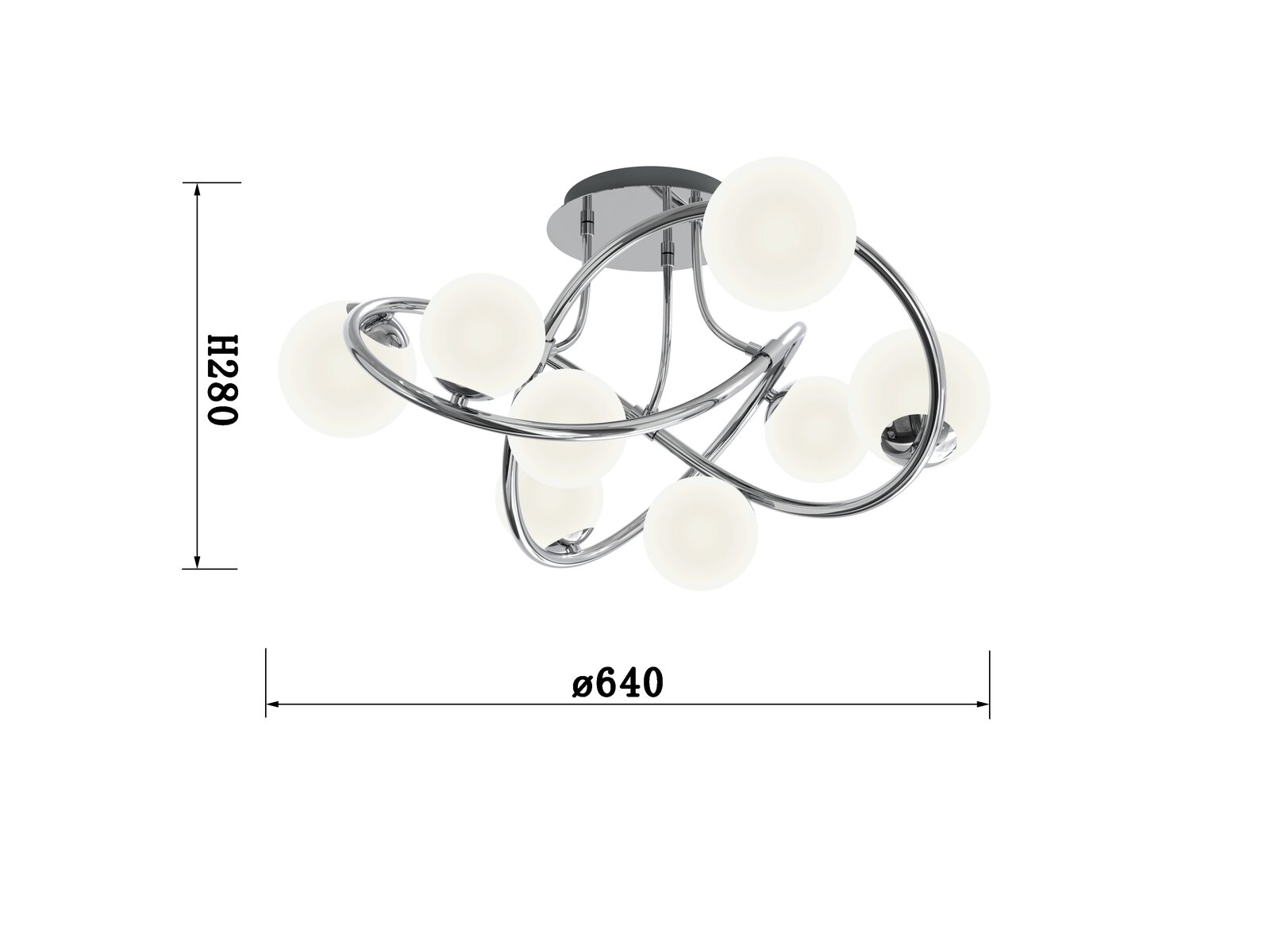 Moderne Deckenleuchte Nancy mit geschwungenem Chromdesign und kugelförmigen Lampenschirmen, seitliche Perspektive
