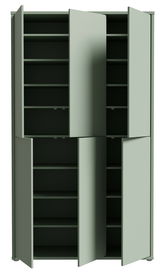 Hoher XXL-Schuhschrank mit sechs Türen, teilweise geöffnet, in einer frontalen Perspektive.