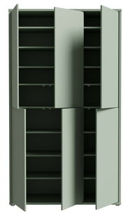 Hoher XXL-Schuhschrank mit sechs Türen, teilweise geöffnet, in einer frontalen Perspektive.