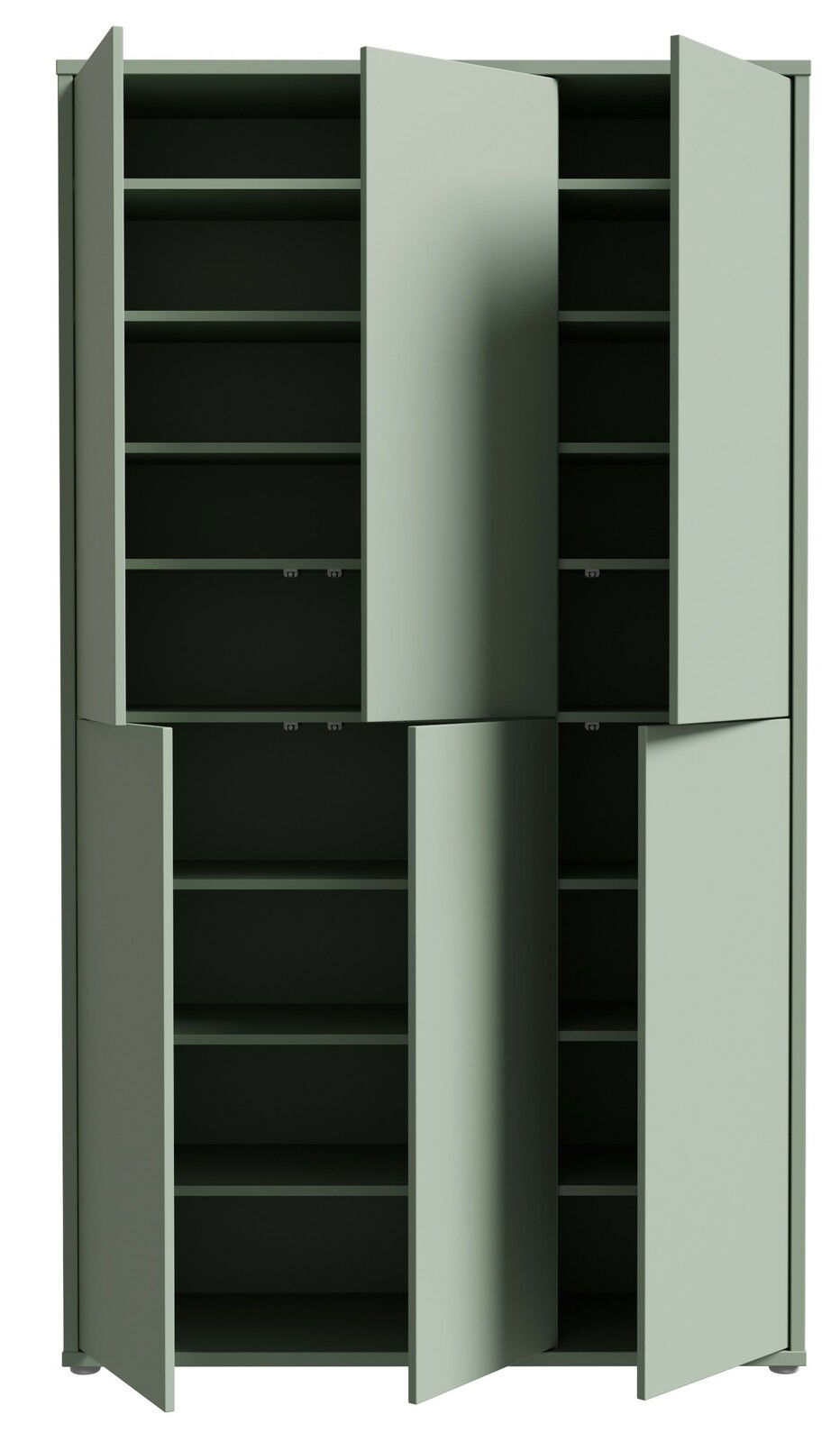 Hoher XXL-Schuhschrank mit sechs Türen, teilweise geöffnet, in einer frontalen Perspektive.