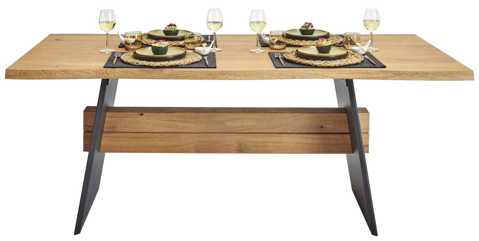 Moderner Esstisch aus Holz mit schwarzem Metallgestell, gedeckt für vier Personen, Frontalansicht