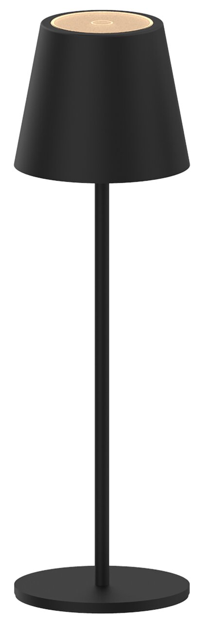 Schwarze Akku-Tischleuchte mit modernem Design, seitliche Perspektive