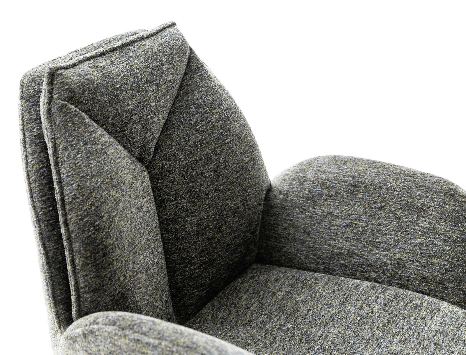 Nahaufnahme eines grauen Armlehnstuhls aus Stoff, Ansicht von schräg oben