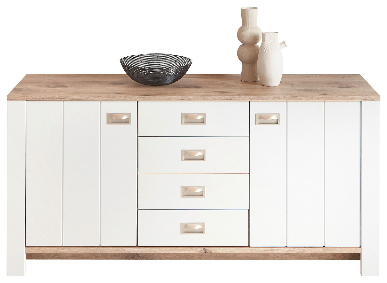 Frontale Ansicht eines modernen Sideboards mit weißer Front und Holzoberfläche, dekoriert mit einer Schale und zwei Vasen.