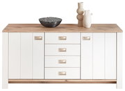 Frontale Ansicht eines modernen Sideboards mit weißer Front und Holzoberfläche, dekoriert mit einer Schale und zwei Vasen.