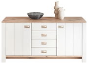 Frontale Ansicht eines modernen Sideboards mit weißer Front und Holzoberfläche, dekoriert mit einer Schale und zwei Vasen.