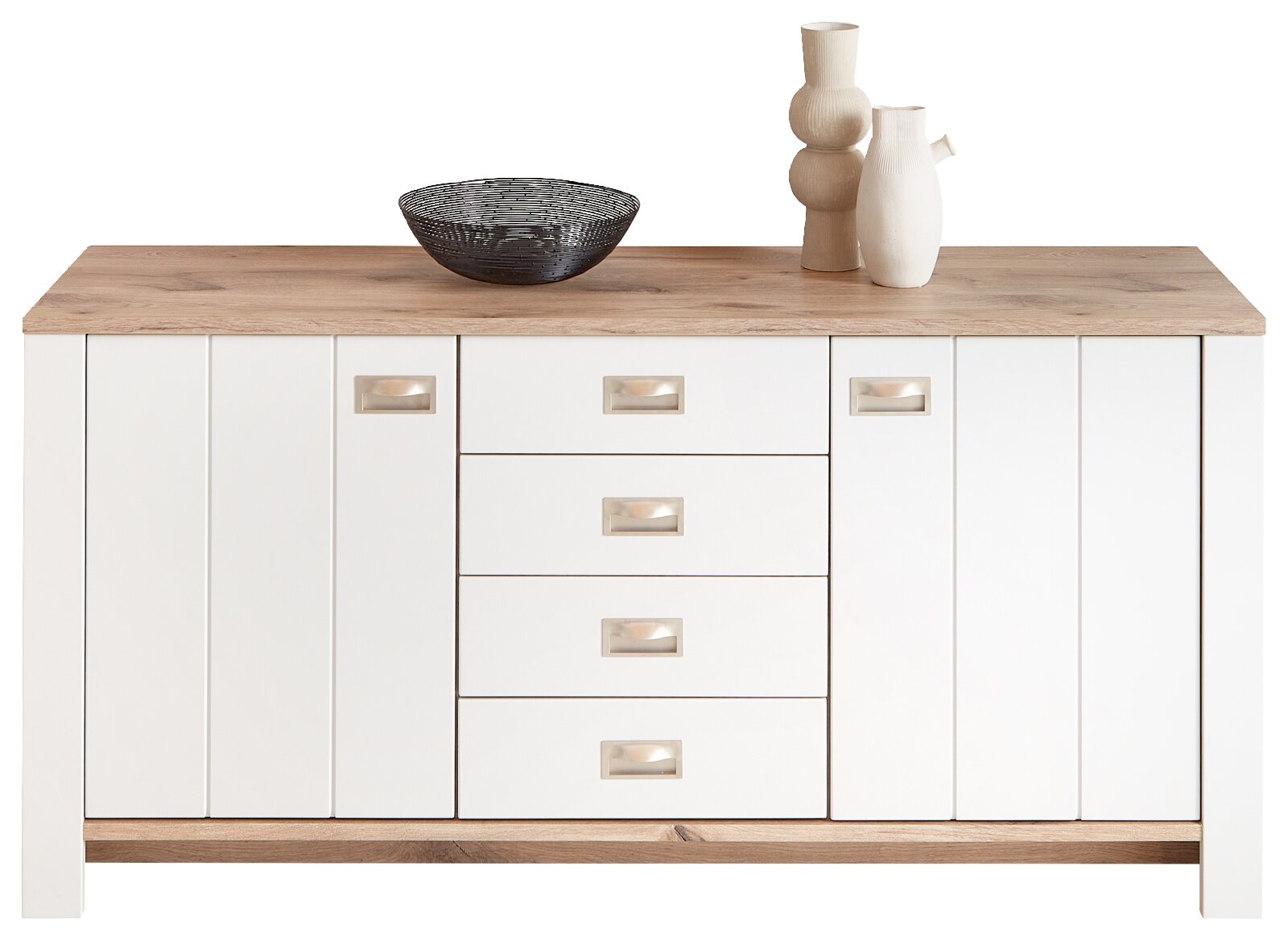 Frontale Ansicht eines modernen Sideboards mit weißer Front und Holzoberfläche, dekoriert mit einer Schale und zwei Vasen.