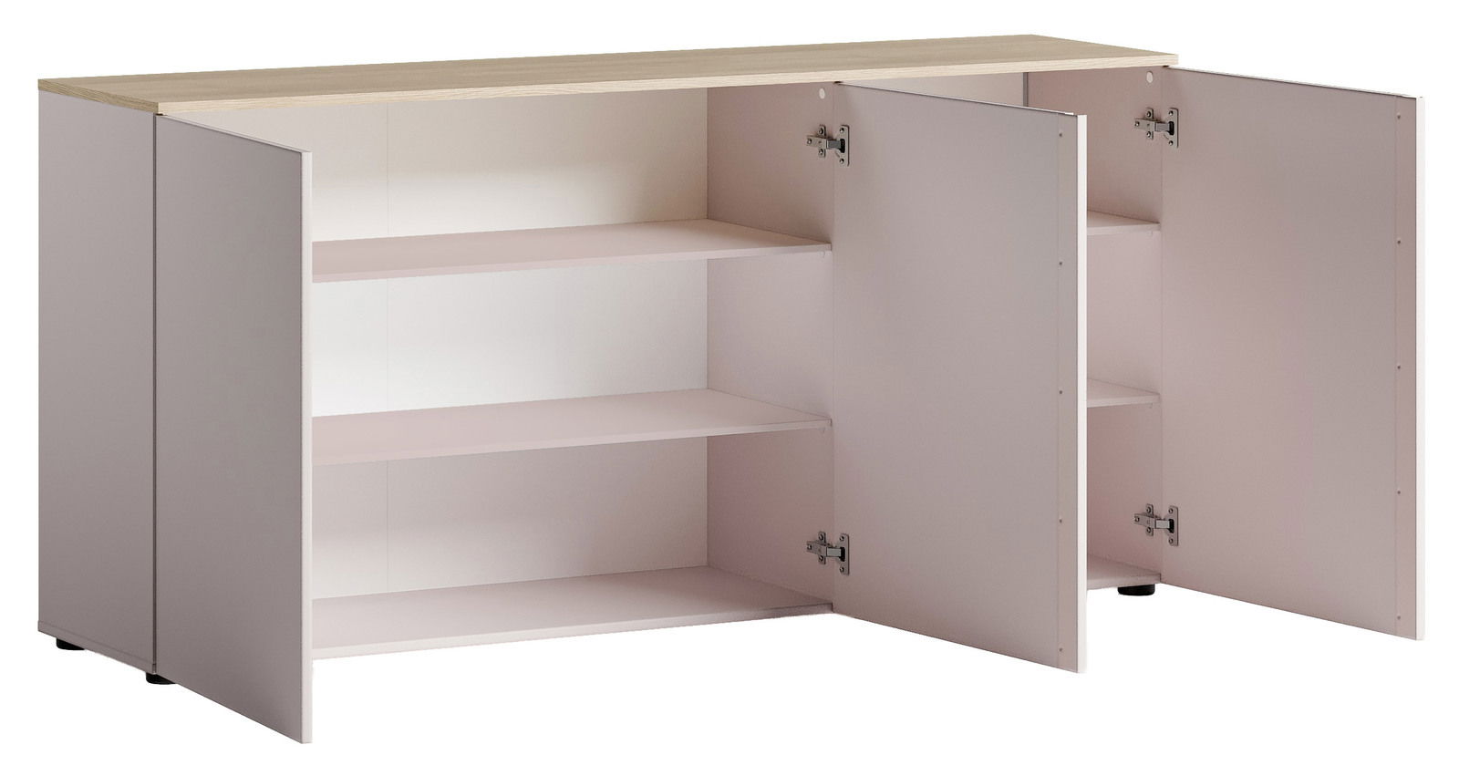 Offenes Sideboard mit zwei Türen und drei Regalböden, aus hellem Holz, Perspektive von vorne.