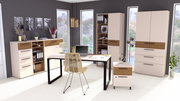 Moderne Büromöbel in einem hellen Raum mit großen Fenstern, bestehend aus einem Schreibtisch, einem Rollcontainer und mehreren Aktenschränken. Perspektive von vorne.