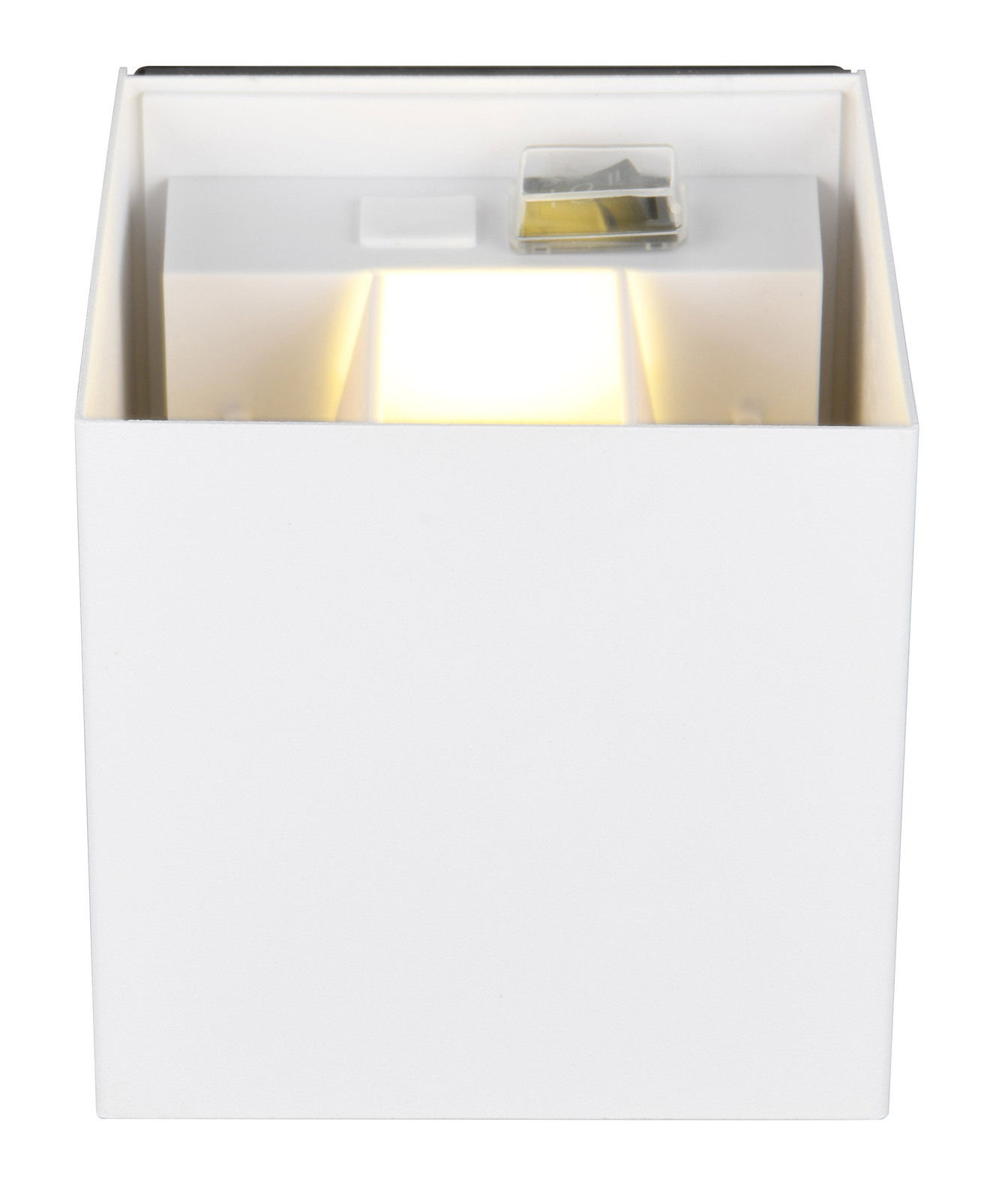 Frontansicht einer weißen, quadratischen Akku-Wandleuchte TALENT mit leuchtendem Licht in der Mitte.