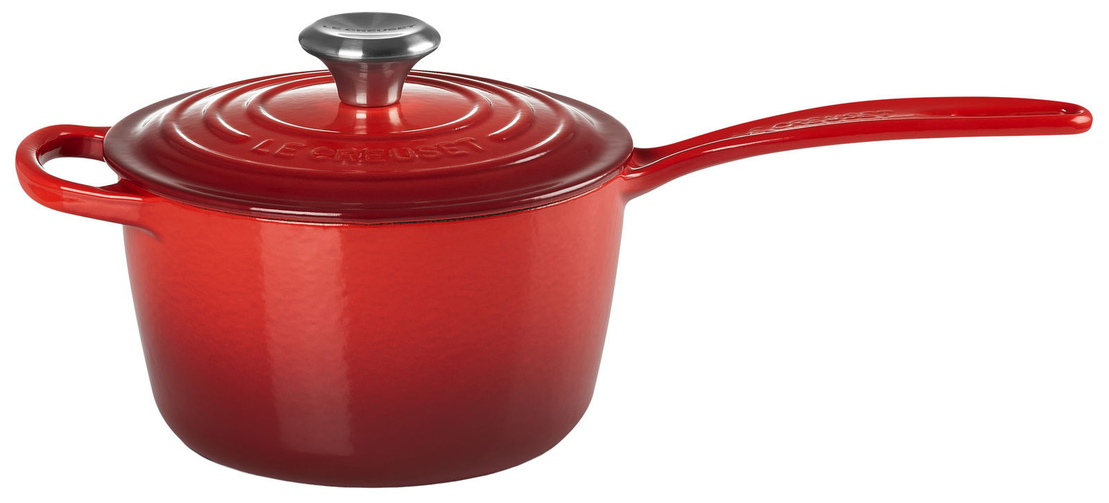 Rote Stielkasserolle aus Gusseisen mit Deckel, seitliche Perspektive