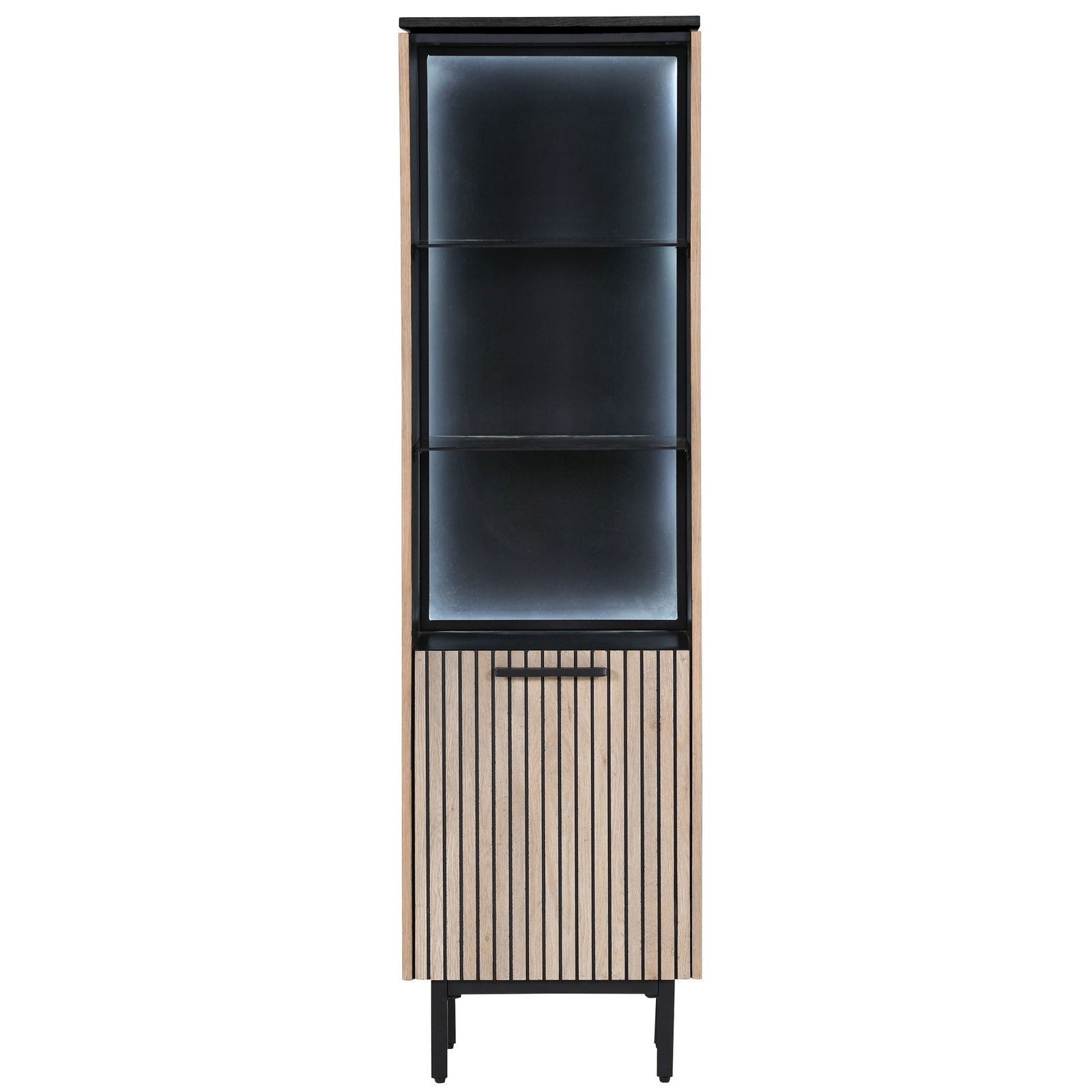 Moderne Vitrine mit Holzlamellen und Glaseinsätzen, frontale Ansicht