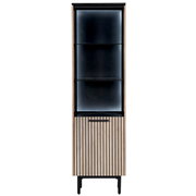 Moderne Vitrine mit Holzlamellen und Glaseinsätzen, frontale Ansicht