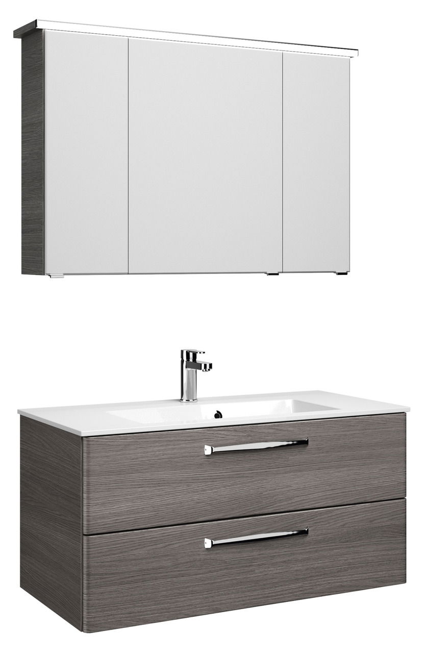 Moderner Badblock mit weißem Spiegelschrank und grauem Waschtisch, Frontansicht