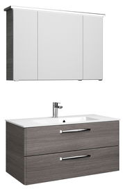 Moderner Badblock mit weißem Spiegelschrank und grauem Waschtisch, Frontansicht