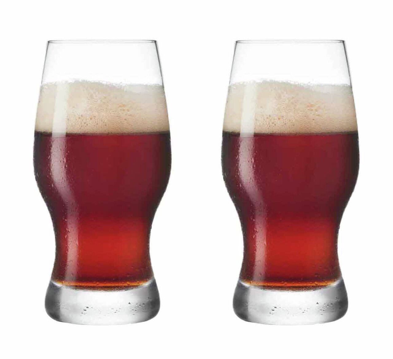 Zwei Bierbecher Taverna 330ml mit dunklem Bier und Schaumkrone, frontal betrachtet.