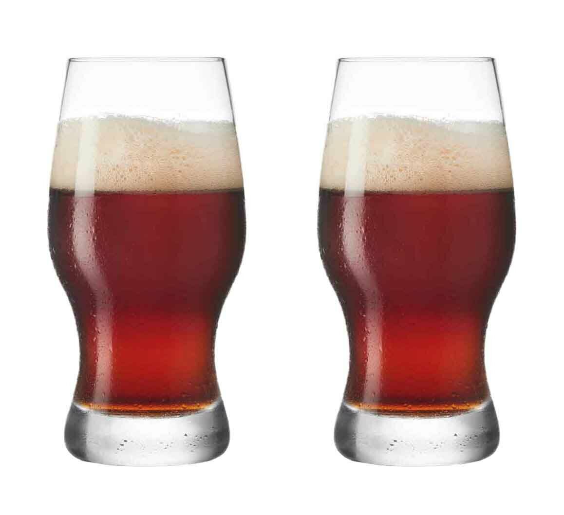 Zwei Bierbecher Taverna 330ml mit dunklem Bier und Schaumkrone, frontal betrachtet.