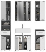 Moderne Badkombination mit mehreren Schränken und Spiegeln, Frontansicht