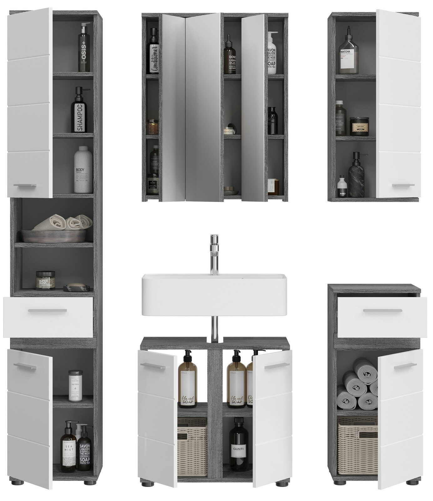 Moderne Badkombination mit mehreren Schränken und Spiegeln, Frontansicht