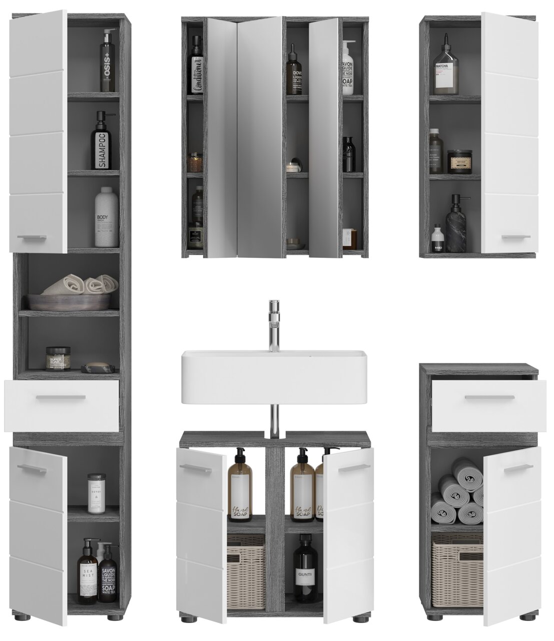 Moderne Badkombination mit mehreren Schränken und Spiegeln, Frontansicht