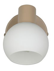 Deckenstrahler mit weißem, kugelförmigem Lampenschirm und beiger Halterung, Ansicht von unten