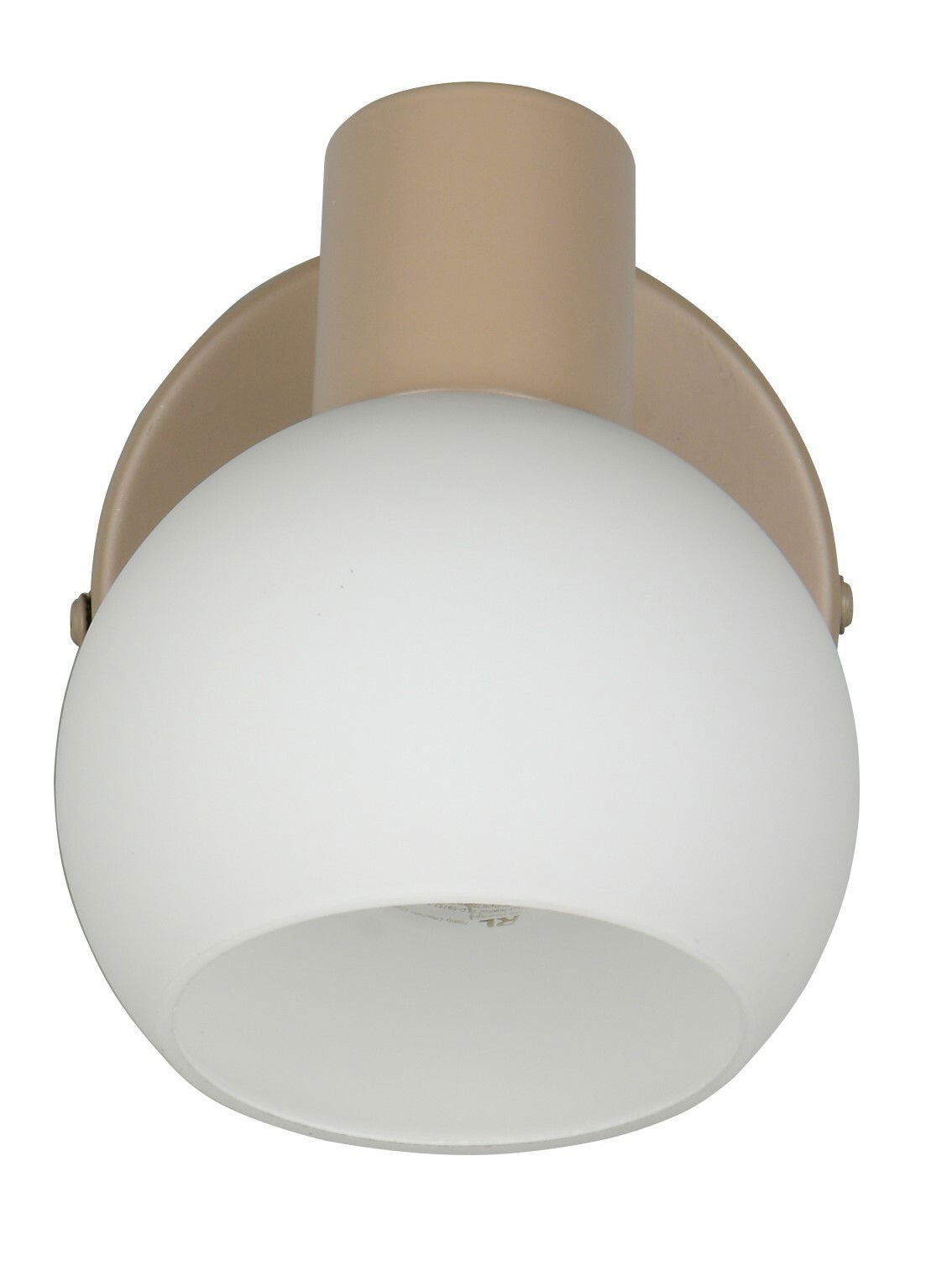 Deckenstrahler mit weißem, kugelförmigem Lampenschirm und beiger Halterung, Ansicht von unten