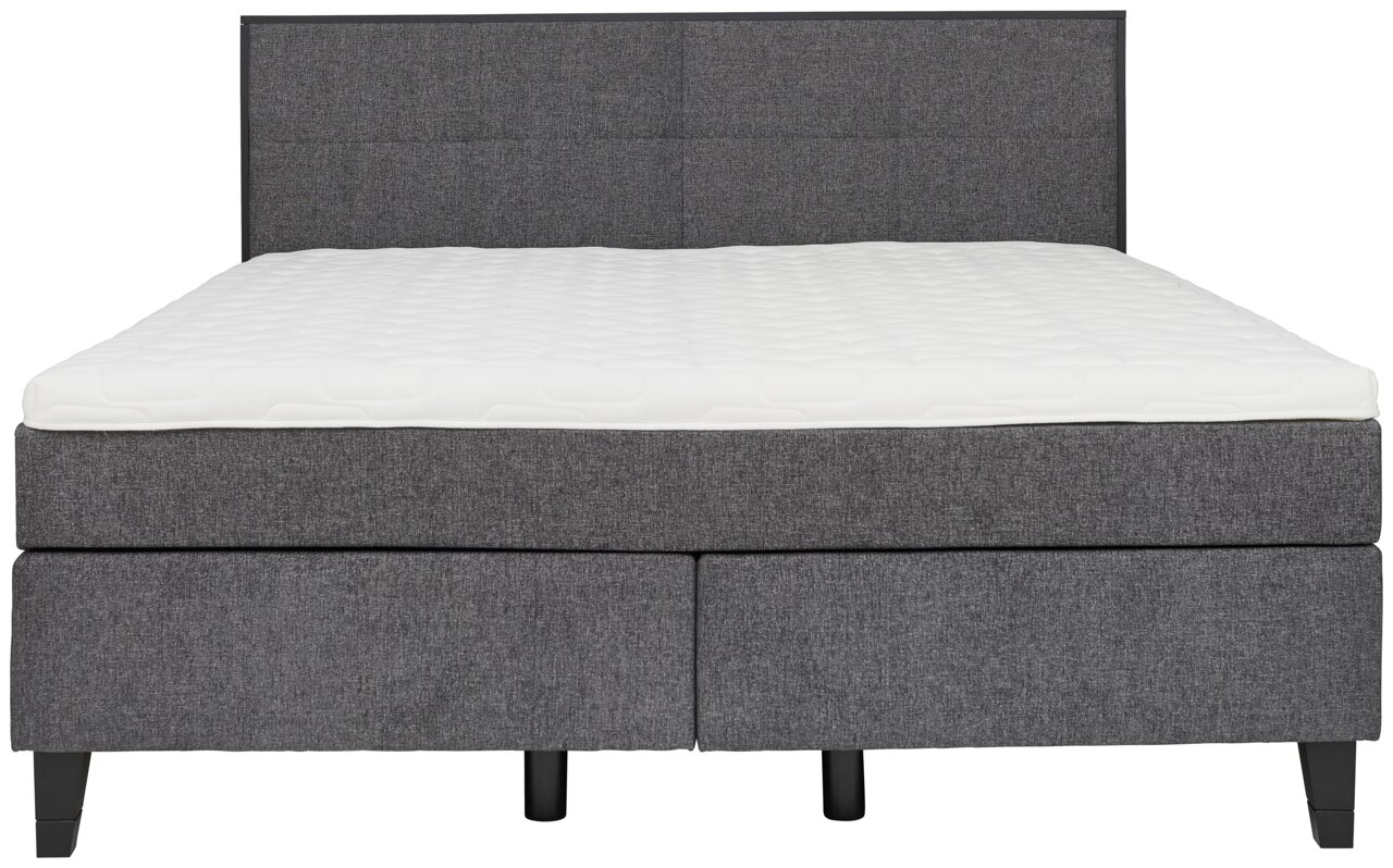 Boxspringbett in grauem Stoffbezug, Vorderansicht