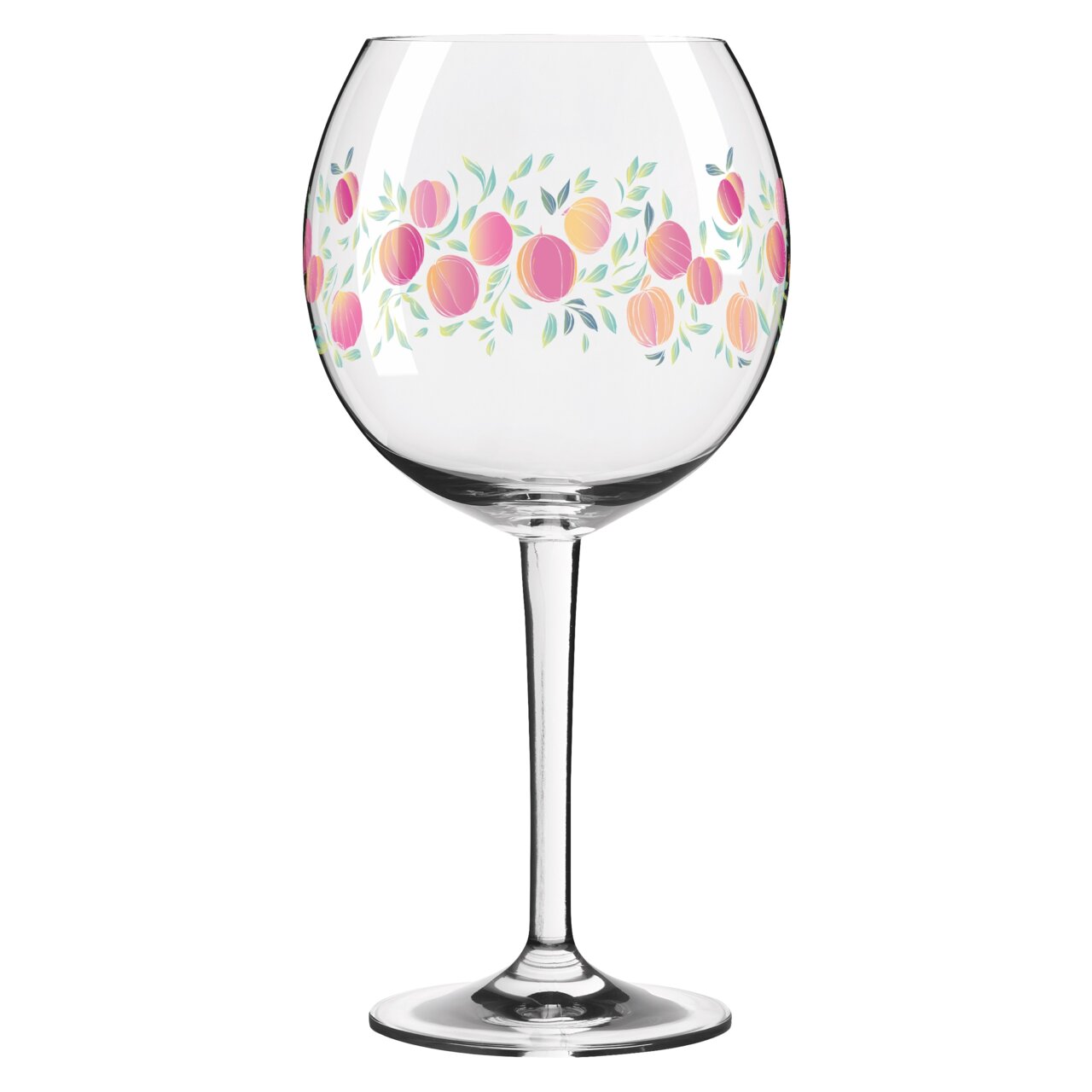 Cocktailglas mit buntem Fruchtmuster, seitliche Perspektive