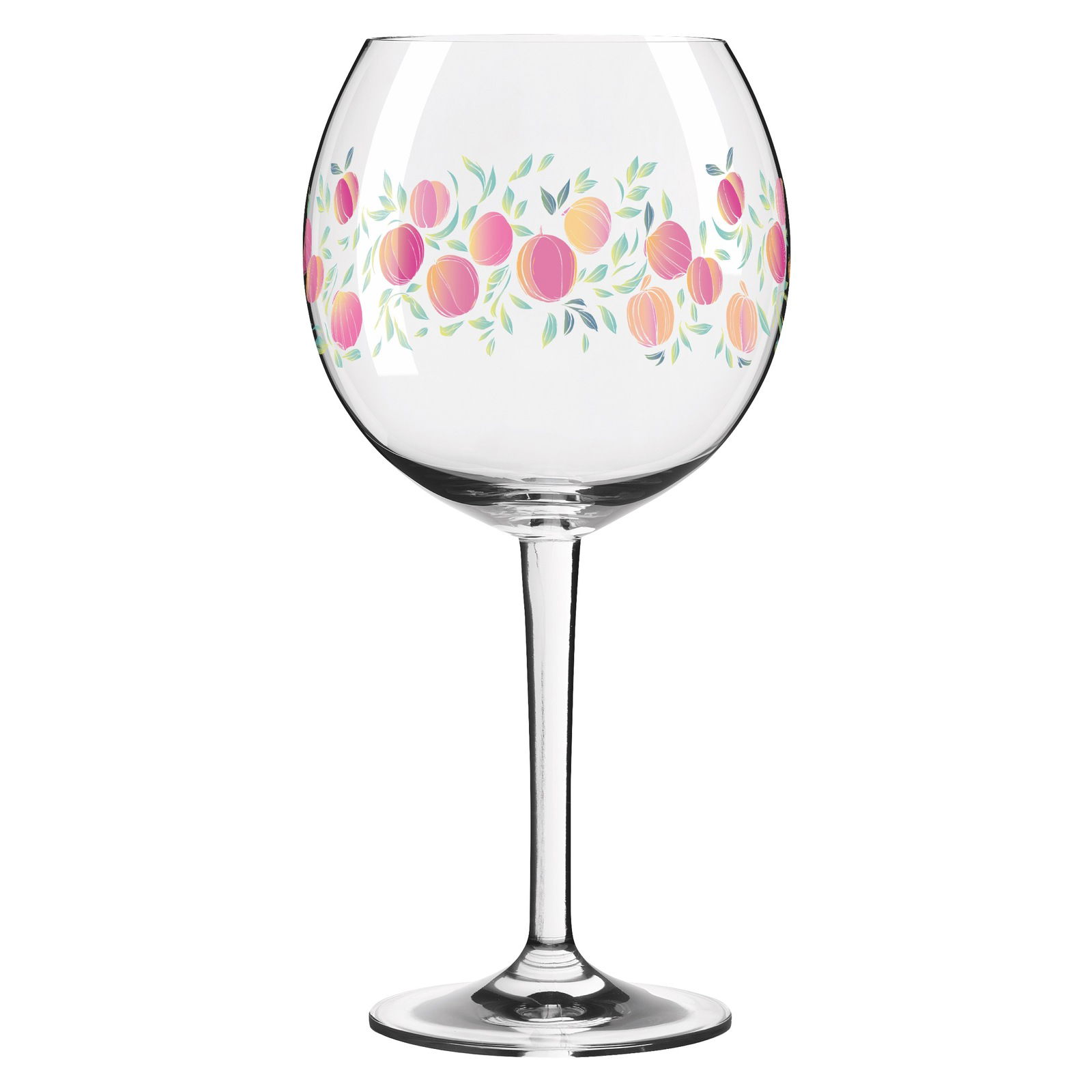 Cocktailglas mit buntem Fruchtmuster, seitliche Perspektive