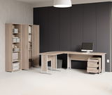 Büroeinrichtung mit Eckschreibtisch und Regalsystem in Holzoptik, seitliche Perspektive