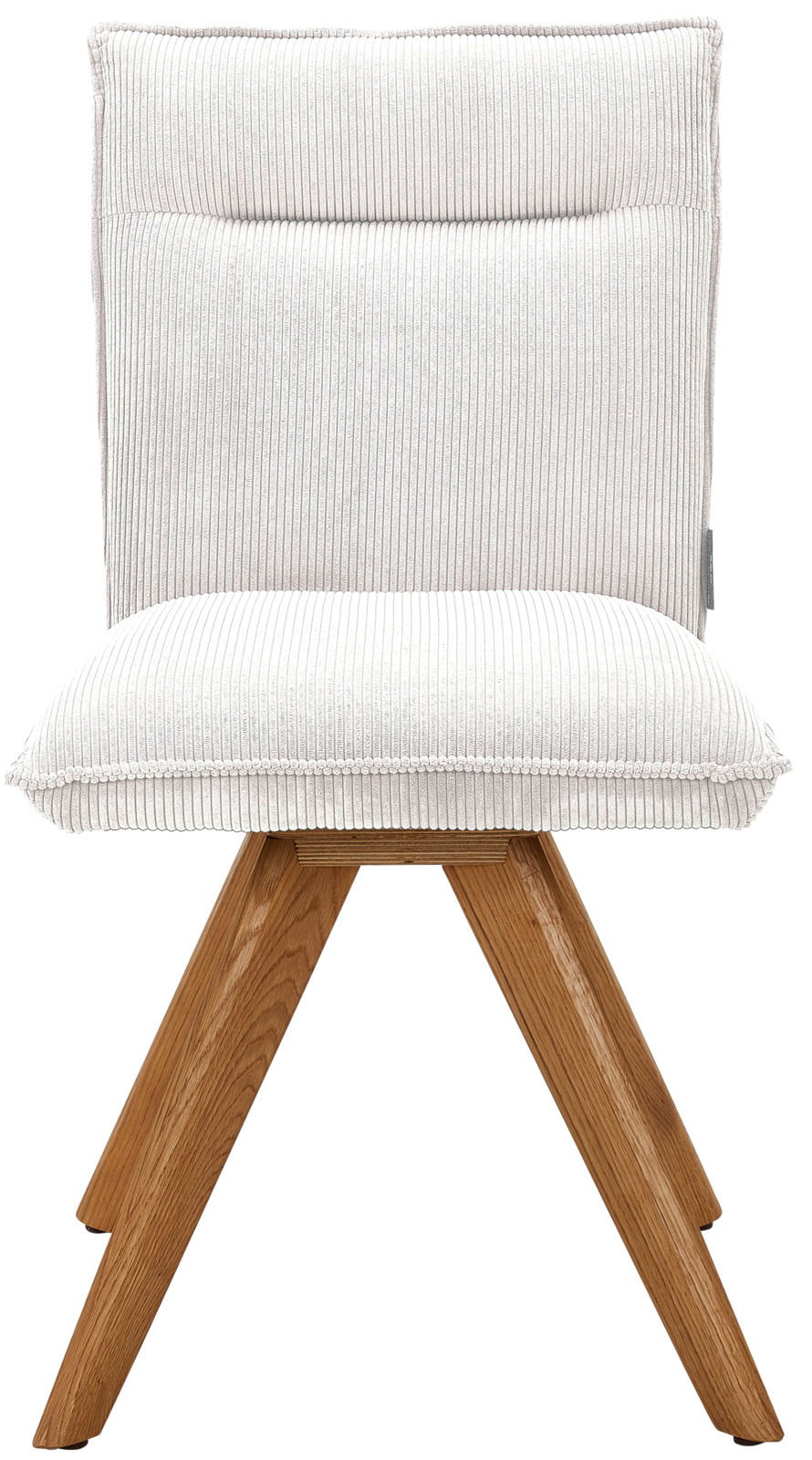 Moderner Stuhl Johann Jakob CALAS mit weißem, geripptem Stoffbezug und Holzbeinen, Frontalansicht