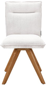 Moderner Stuhl Johann Jakob CALAS mit weißem, geripptem Stoffbezug und Holzbeinen, Frontalansicht