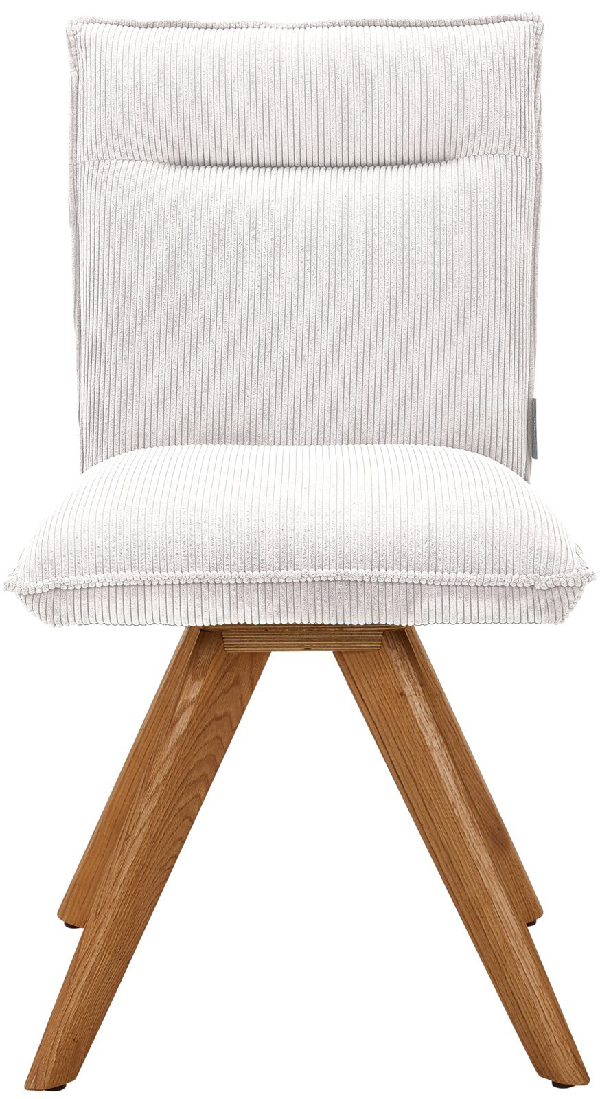 Moderner Stuhl Johann Jakob CALAS mit weißem, geripptem Stoffbezug und Holzbeinen, Frontalansicht