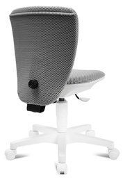 Rückansicht eines grauen Kinder- und Jugenddrehstuhls mit weißem Fußgestell und Rollen