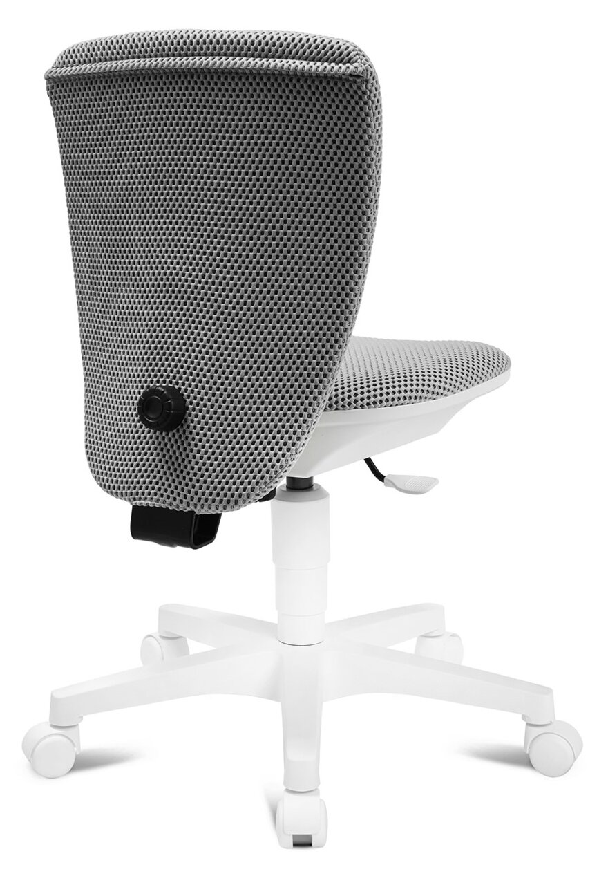 Rückansicht eines grauen Kinder- und Jugenddrehstuhls mit weißem Fußgestell und Rollen