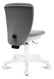 Rückansicht eines grauen Kinder- und Jugenddrehstuhls mit weißem Fußgestell und Rollen