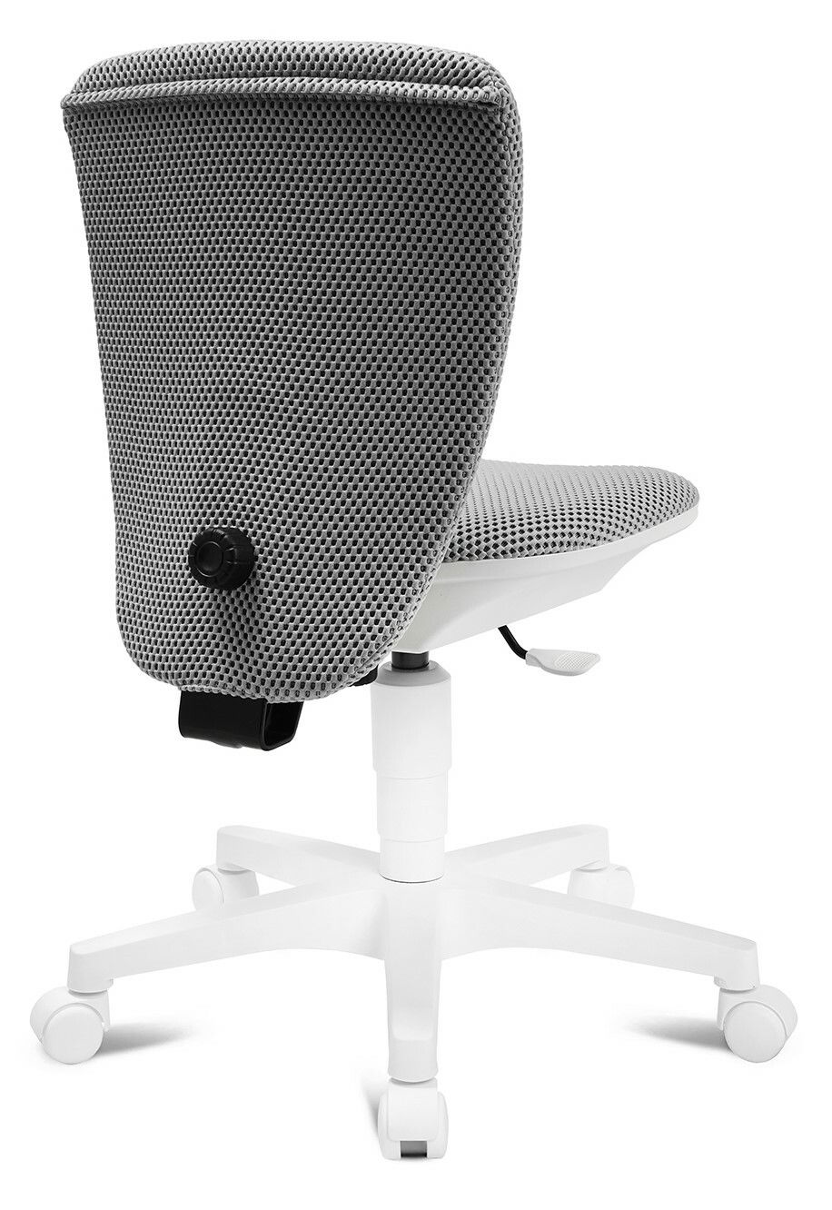 Rückansicht eines grauen Kinder- und Jugenddrehstuhls mit weißem Fußgestell und Rollen